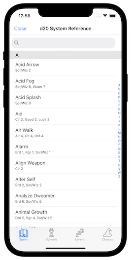 Spell list screenshot